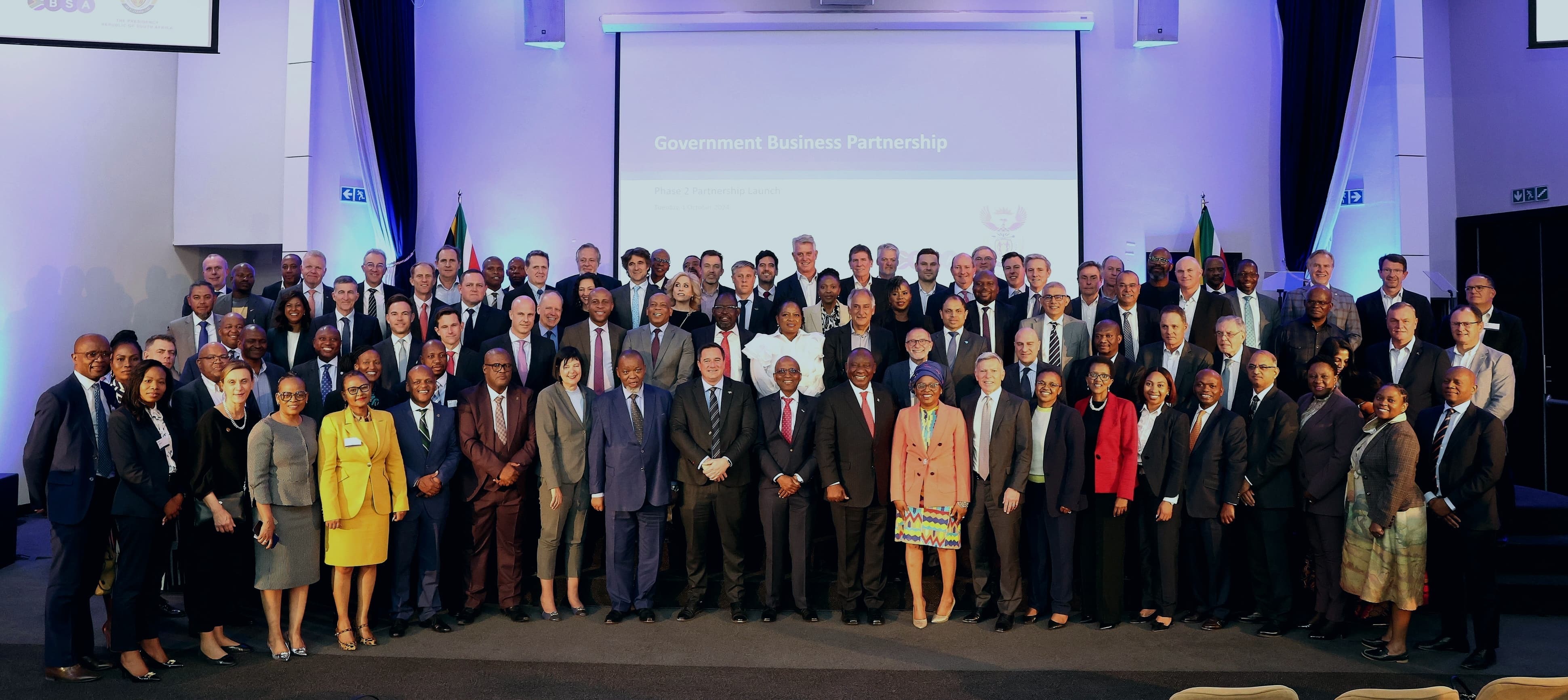 President Cyril Ramaphosa, Ministers, senior Government officials and SA leading CEOs gathered to celebrate successes and launch Phase 2 the partnership on 1 October 2024 -Image credit: GCIS