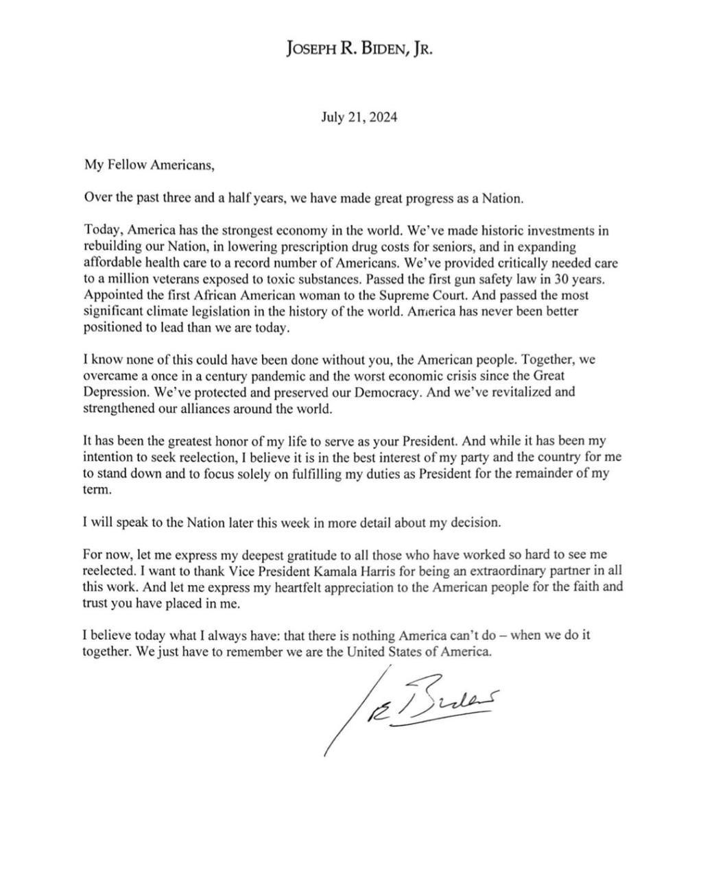 Pres. Joe Biden letter